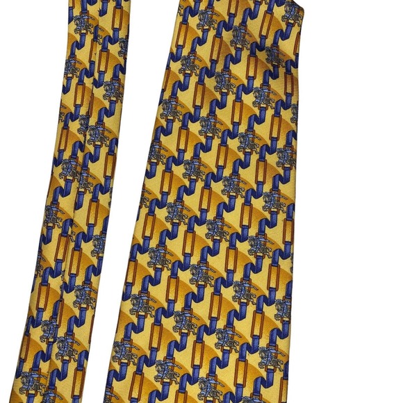 Burberry London Tie Silk Knight Logo Allover Yellow Gold Blue - Picture 5 of 8